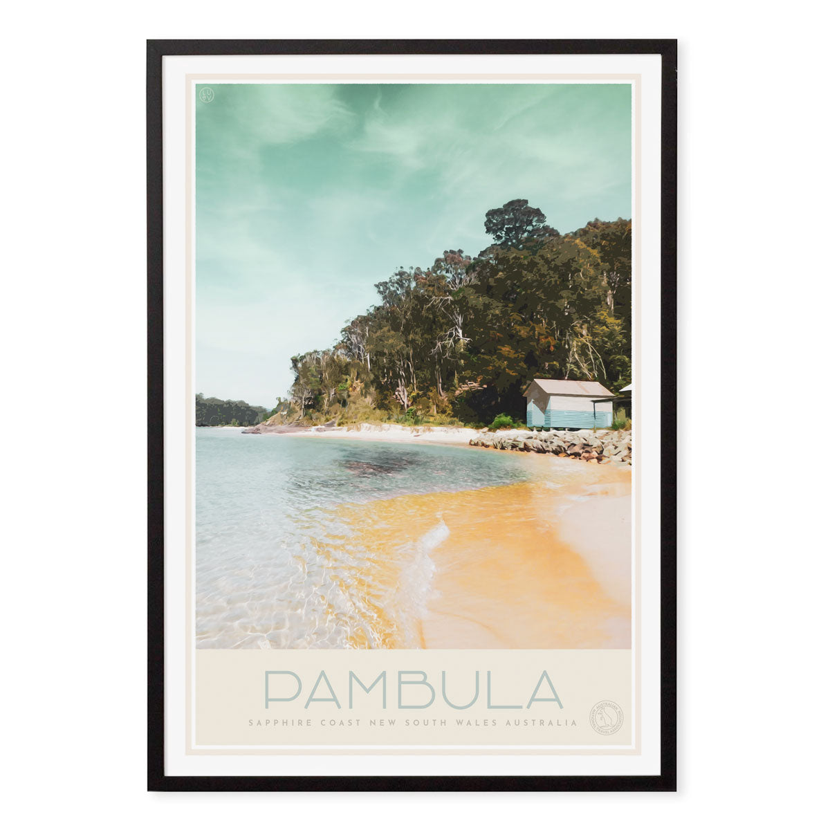 Pambula South Coast retro vintage poster print in black frame from Places We Luv