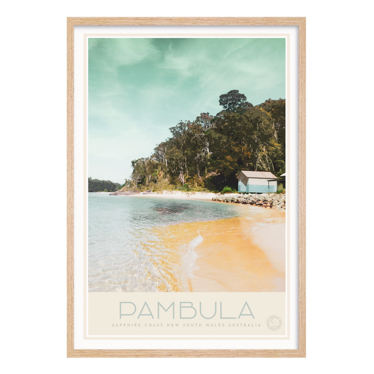 Pambula South Coast retro vintage poster print in oak frame from Places We Luv