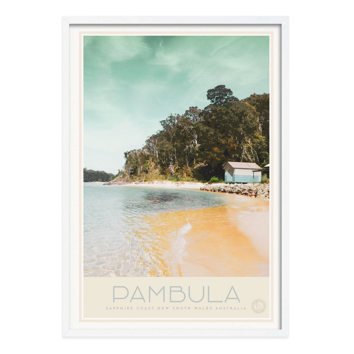 Pambula South Coast retro vintage poster print in white frame from Places We Luv