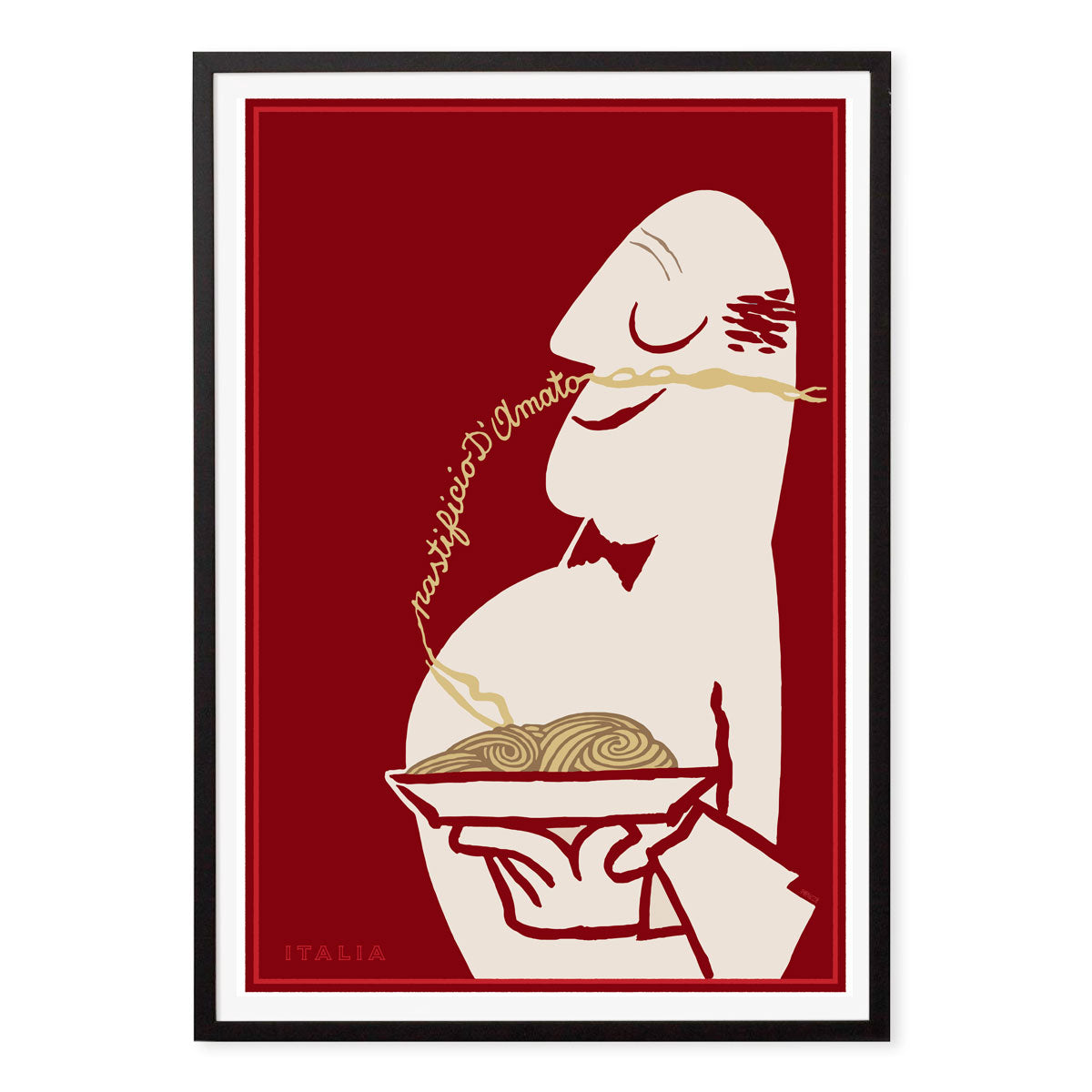 Pastificio d’Amato pasta poster with red background. Retro food advertisement available as black framed poster from Places We Luv
