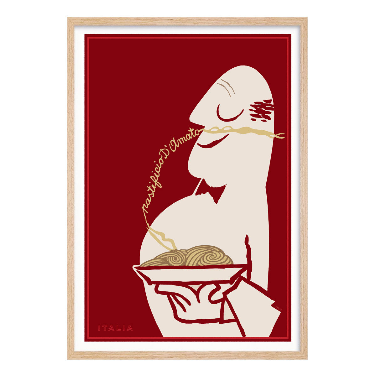 Pastificio d’Amato pasta poster with red background. Retro food advertisement available in oak frame from Places We Luv