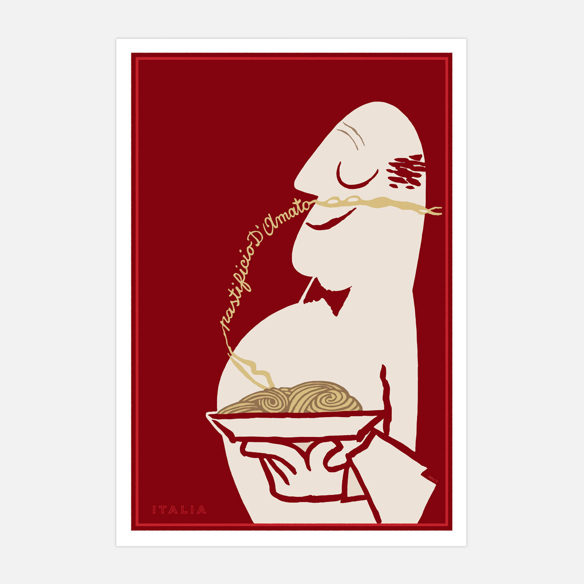 Pastificio d’Amato pasta poster with red background. Retro food advertisement available as unframed print from Places We Luv