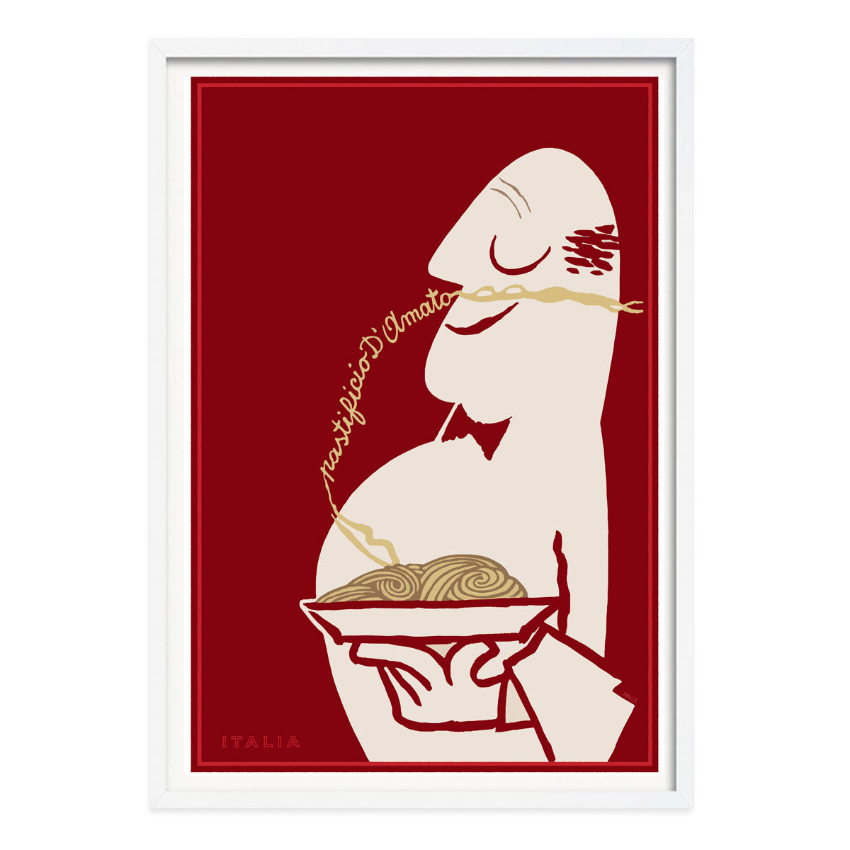 Pastificio d’Amato pasta poster with red background. Retro food advertisement available as white framed poster from Places We Luv