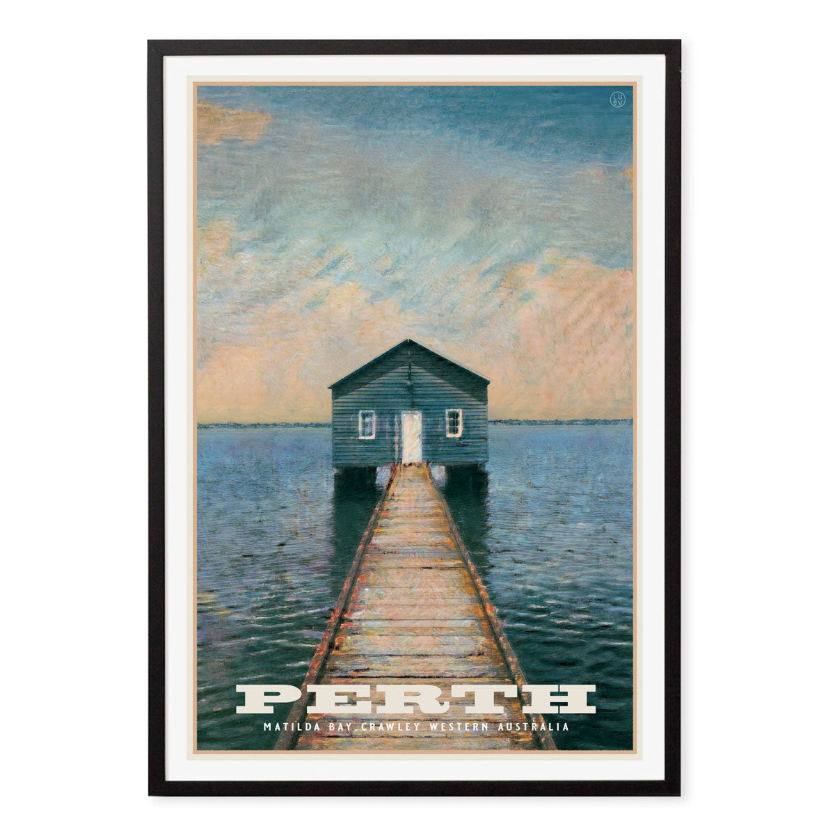 Black framed retro vintage poster of Crawley Boatshed Perth Western Australia from Places We Luv
