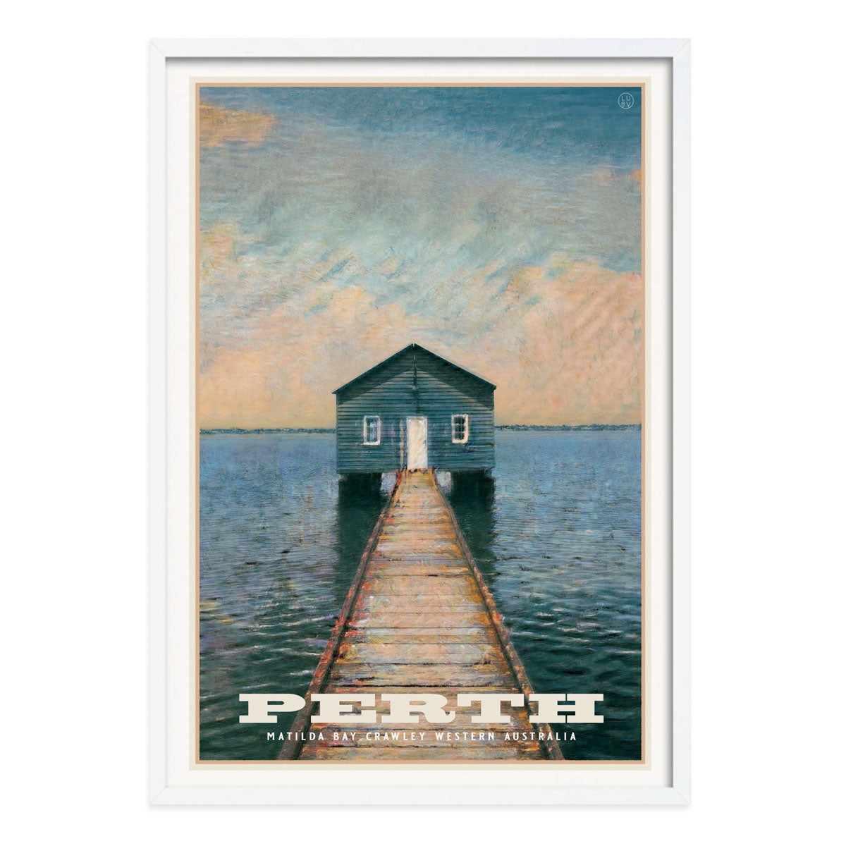 White framed retro vintage poster of Crawley Boatshed Perth Western Australia from Places We Luv