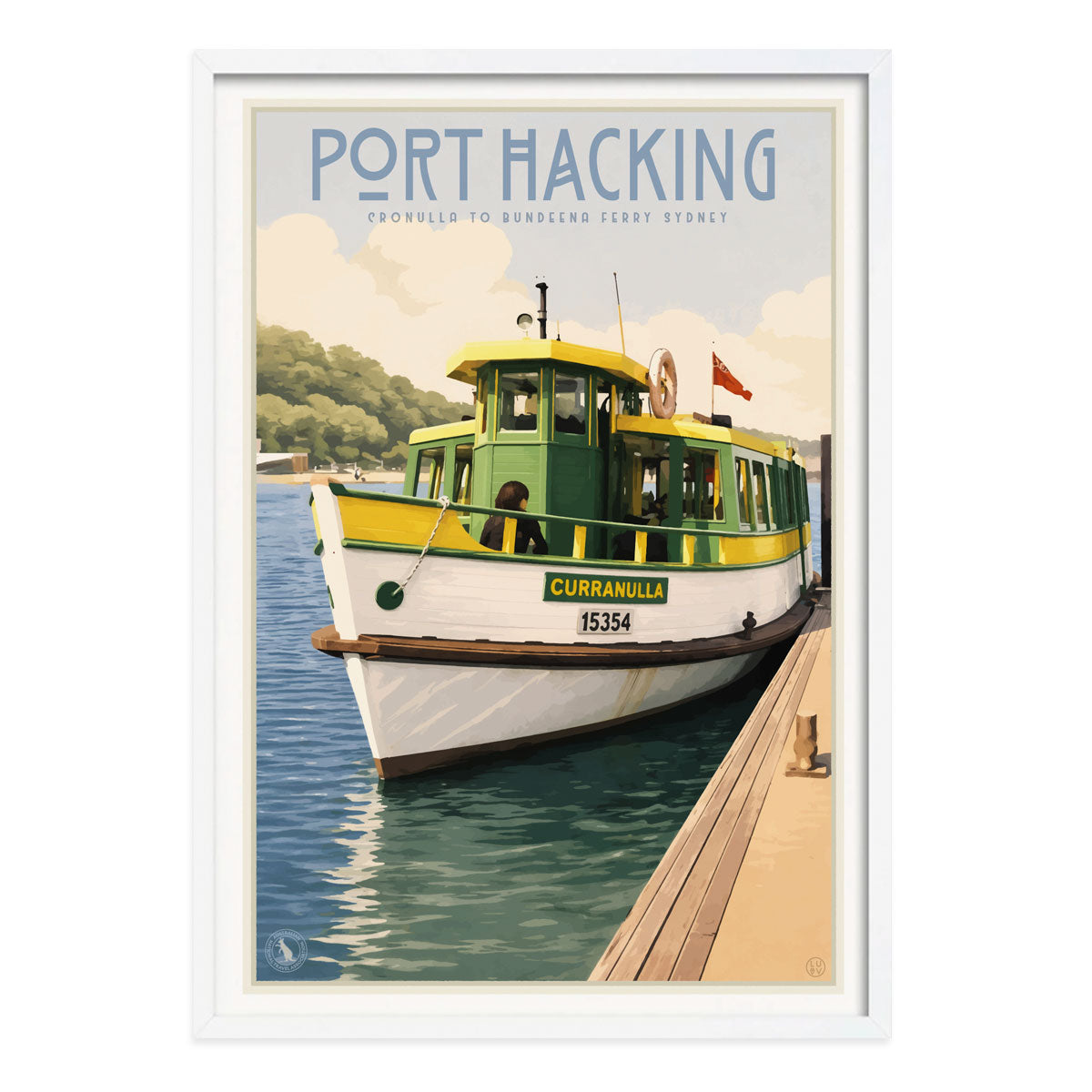Port hacking Ferry Cronulla retro vintage print in white frame from Places We Luv
