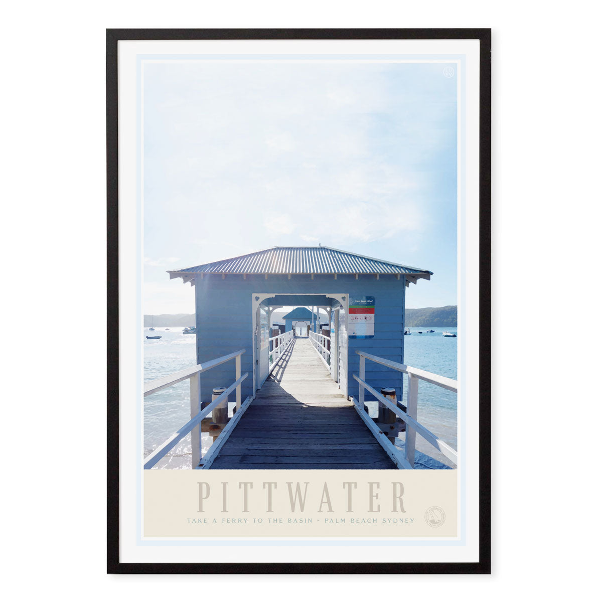 Pittwater Sydney Ferry print. Vintage retro travel poster print in black frame from Places We Luv