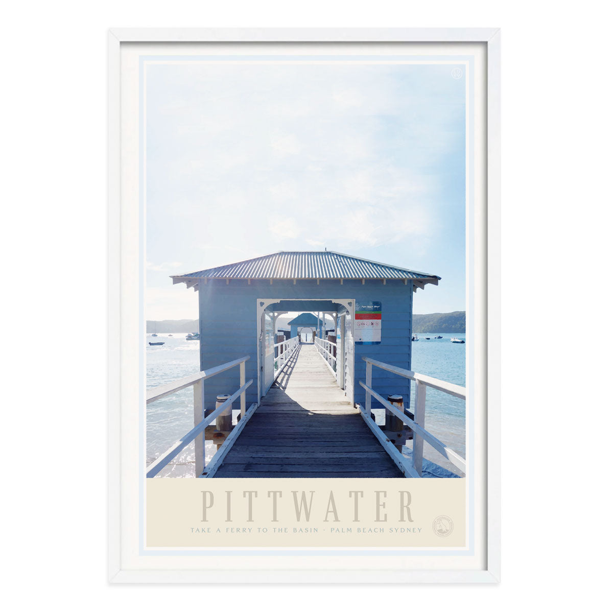 Pittwater Sydney Ferry print. Vintage retro travel poster print in white frame from Places We Luv