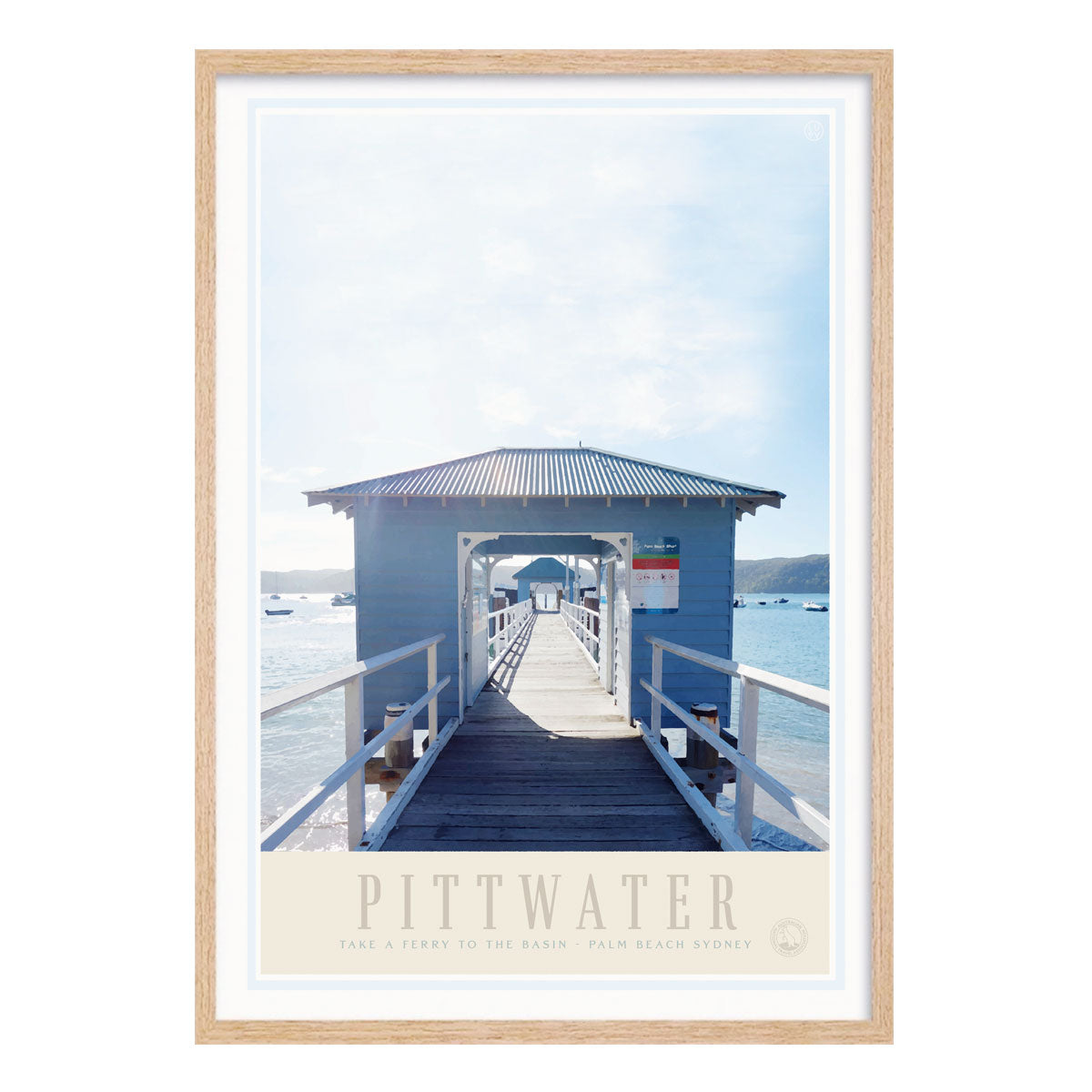 Pittwater Sydney Ferry print. Vintage retro travel poster print in oak frame from Places We Luv