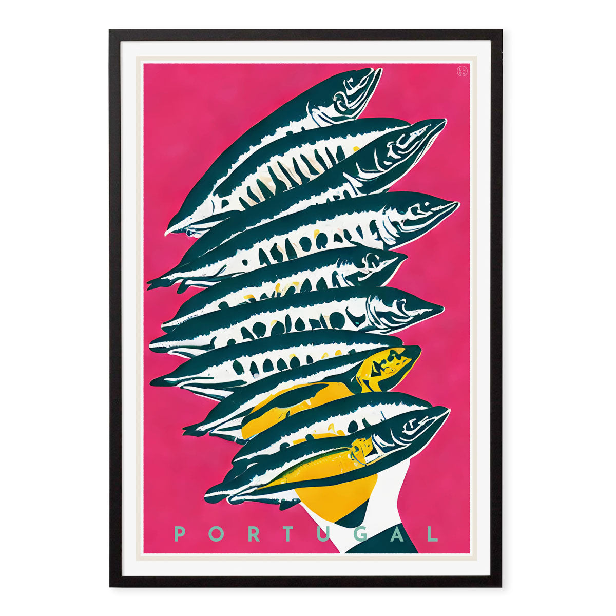 Portugal Sardines retro vintage travel black framed print by Places We Luv