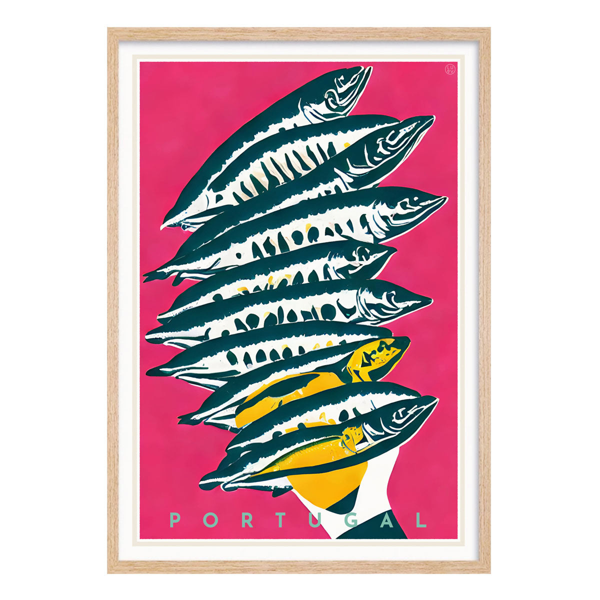 Portugal Sardines retro vintage travel oak framed print by Places We Luv