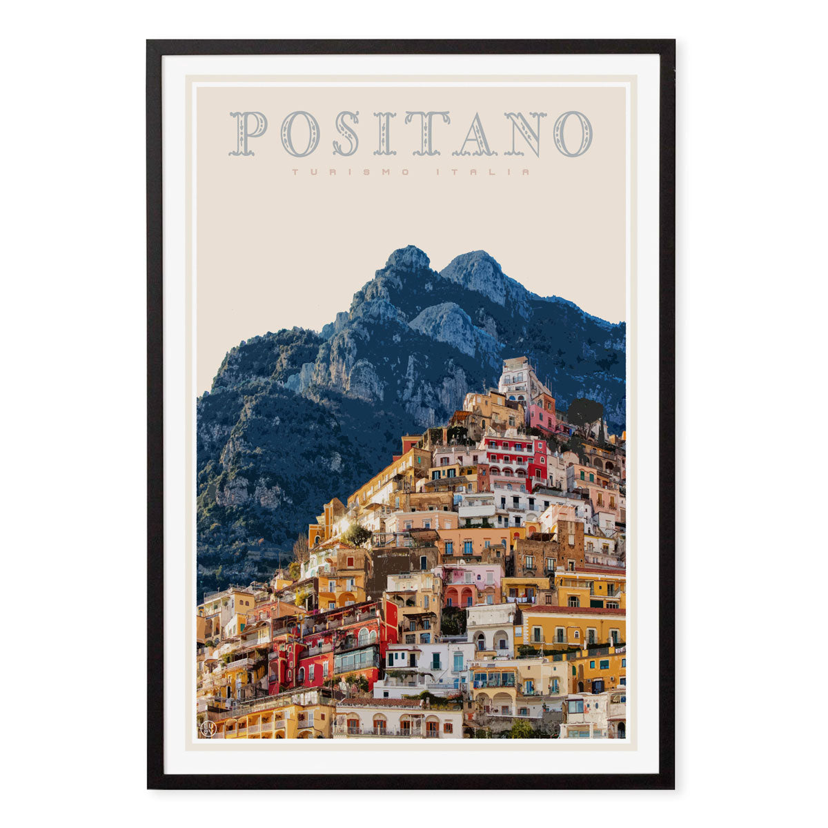 Positano Italy retro vintage travel poster in black frame from Places We Luv