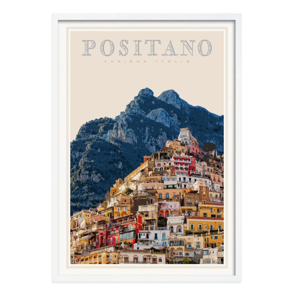 Positano Italy retro vintage travel poster in white frame from Places We Luv