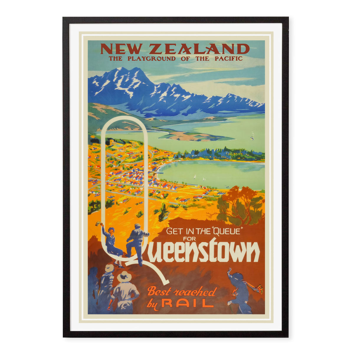 Queenstown New Zealand vintage retro poster in black frame from Places We Luv