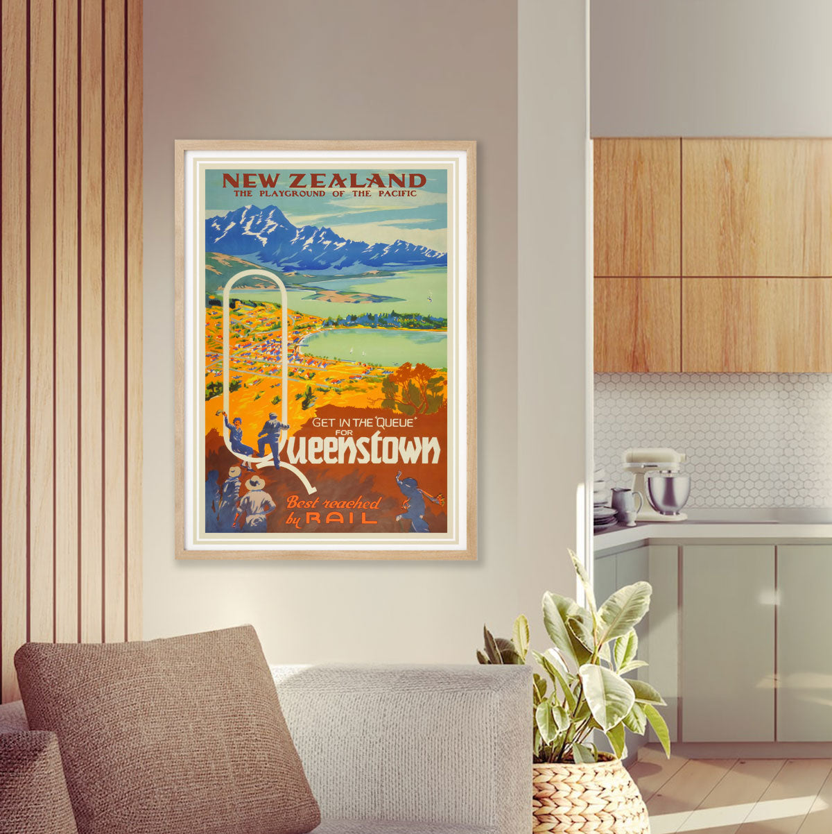 Queenstown New Zealand vintage retro poster in lounge room from Places We Luv