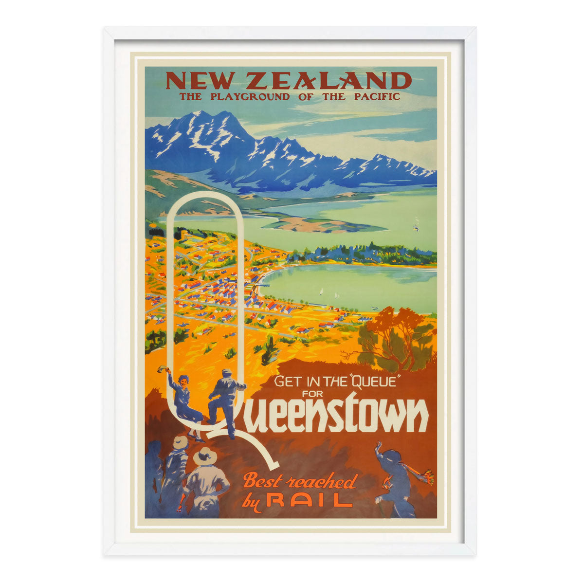 Queenstown New Zealand vintage retro poster in white frame from Places We Luv