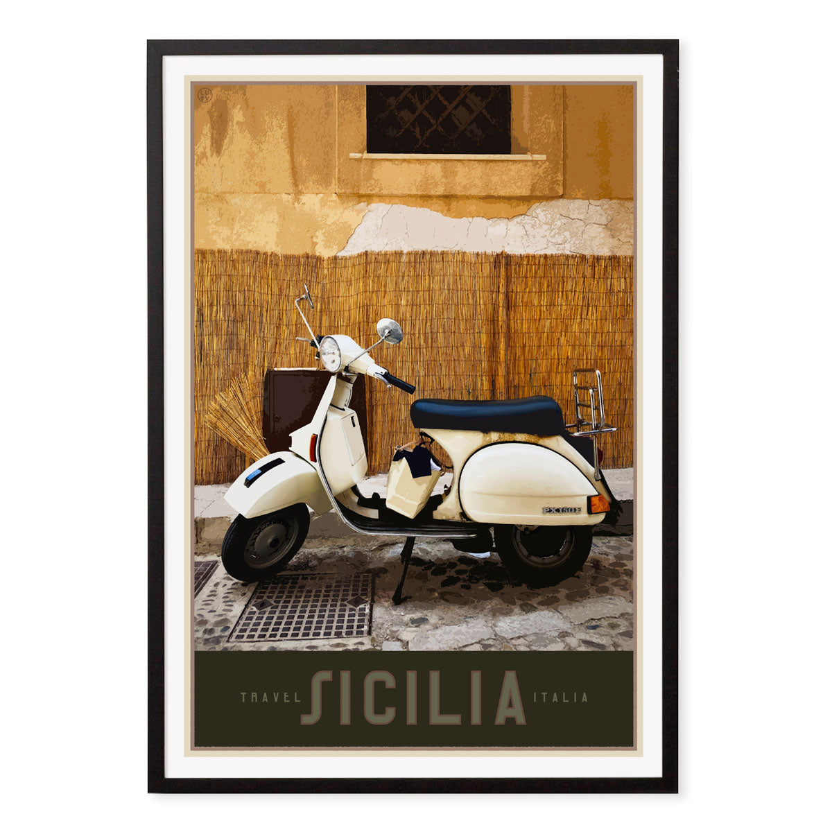 Poster Sicily Vespa retro vintage travel print in black frame from Places We Luv