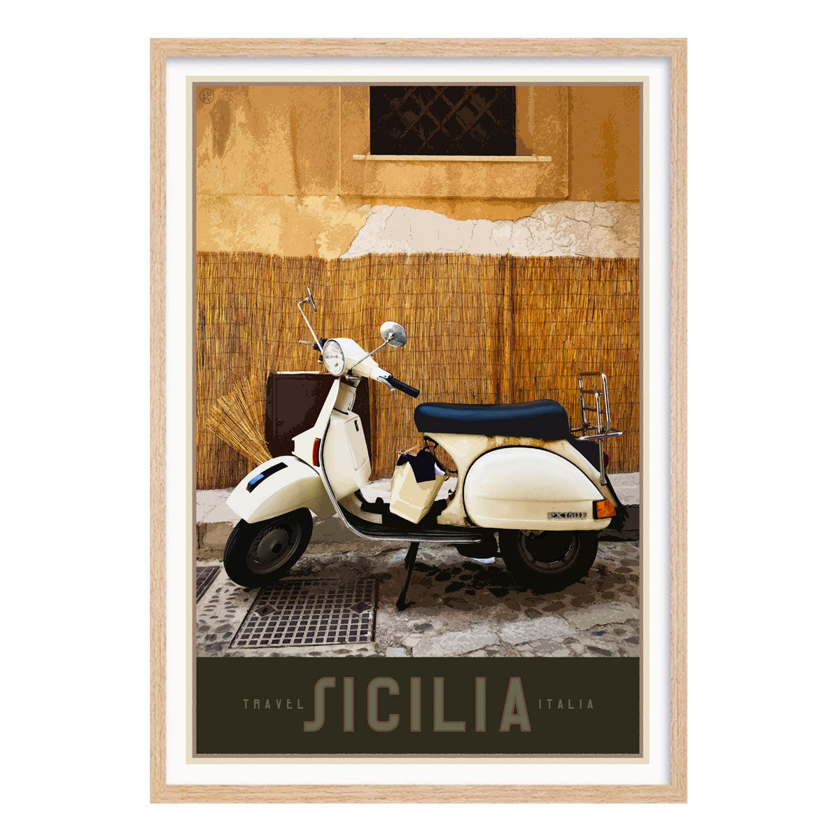 Poster Sicily Vespa retro vintage travel print in oak frame from Places We Luv