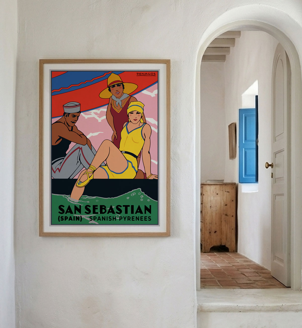 San Sebastian Spain vintage retro poster print in lounge room hallway from Places We Luv