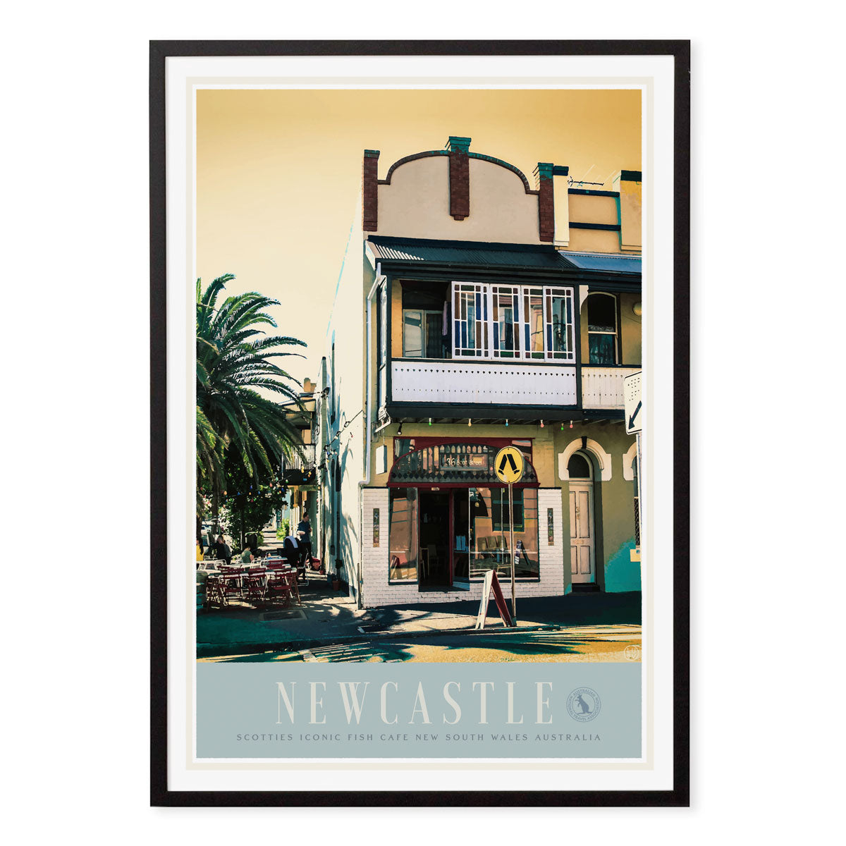 Newcastle East NSW retro vintage travel poster print in black frame from Places We Luv