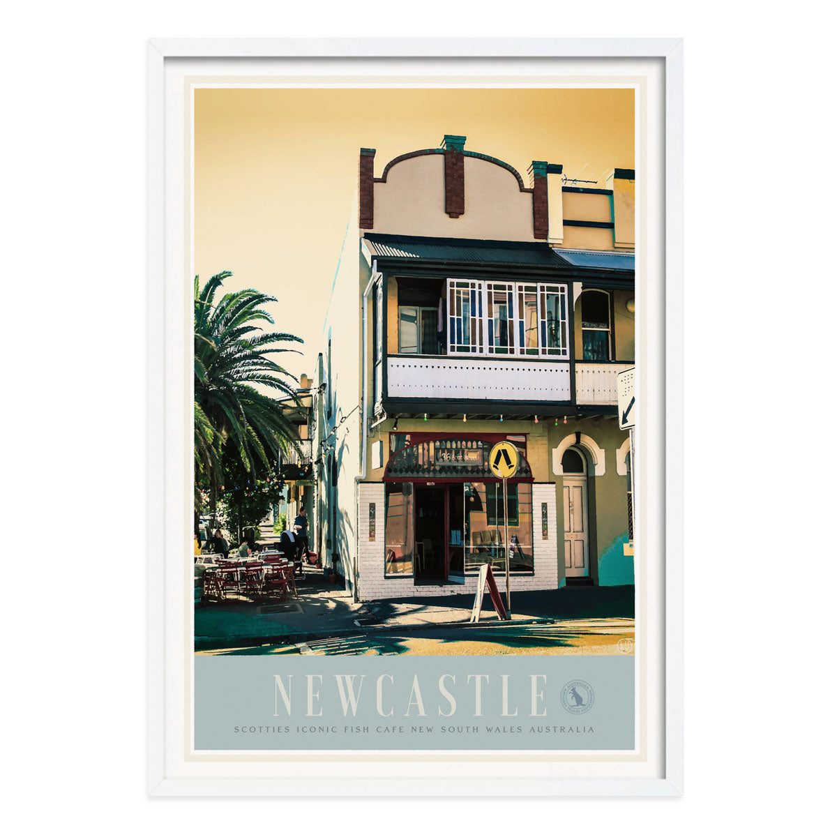 Newcastle East NSW retro vintage travel poster print in white frame from Places We Luv