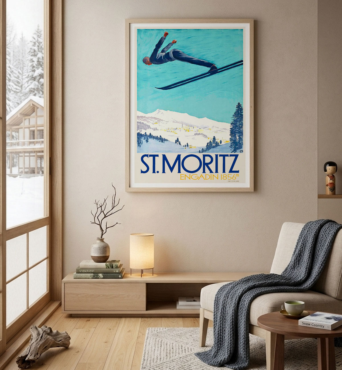 St Moritz Ski retro vintage poster in oak frame in lounge room from Places We Luv
