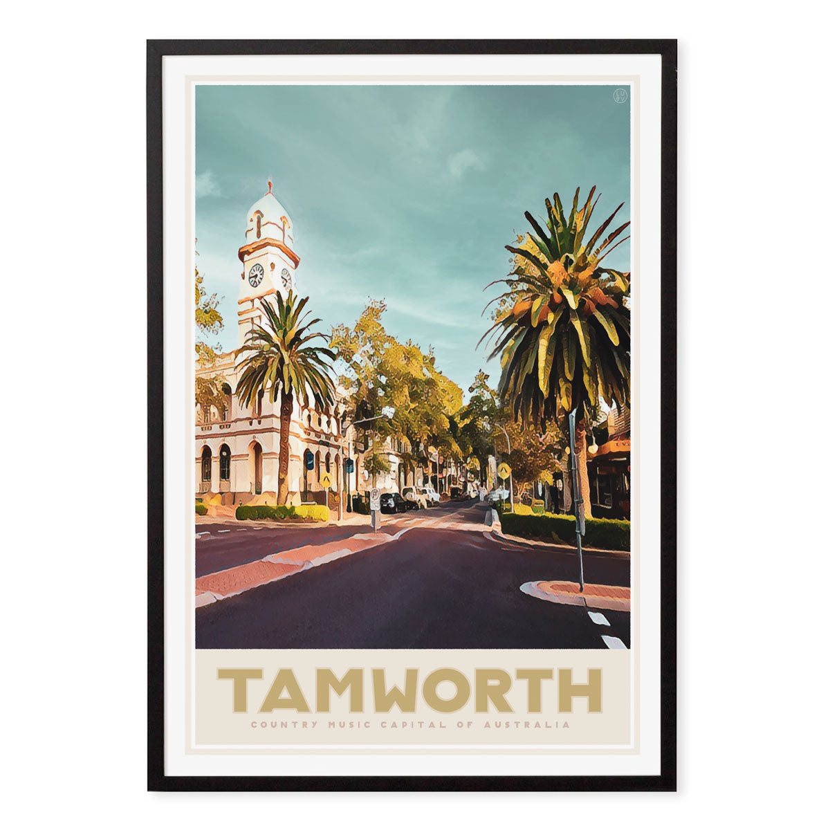 Poster retro Tamworth NSW vintage print in black frame from Places We Luv