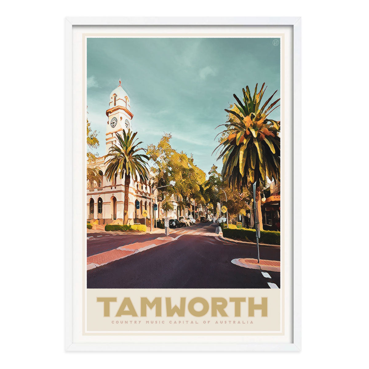 Poster retro Tamworth NSW vintage print in white frame from Places We Luv