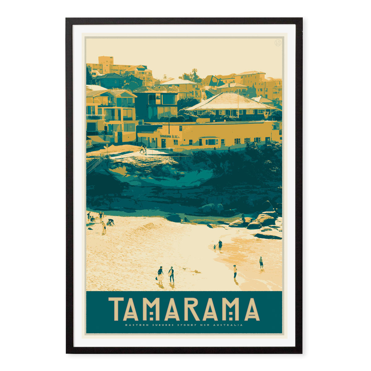 Tamarama Beach Sydney vintage retro poster print in black frame from Places We Luv