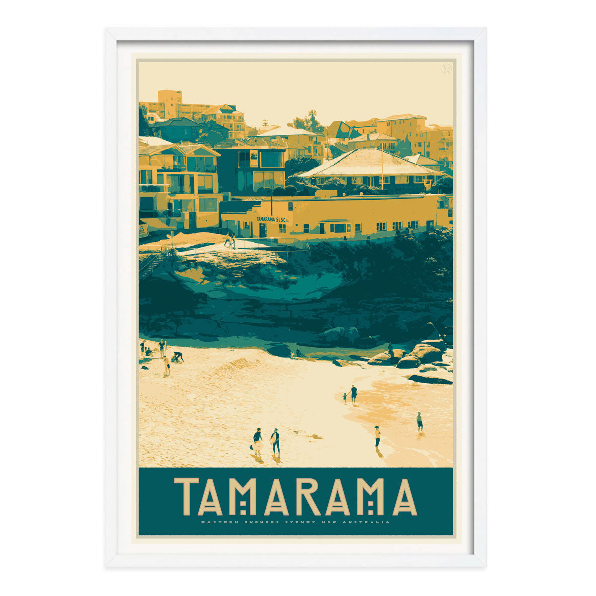 Tamarama Beach Sydney vintage retro poster print in white frame from Places We Luv