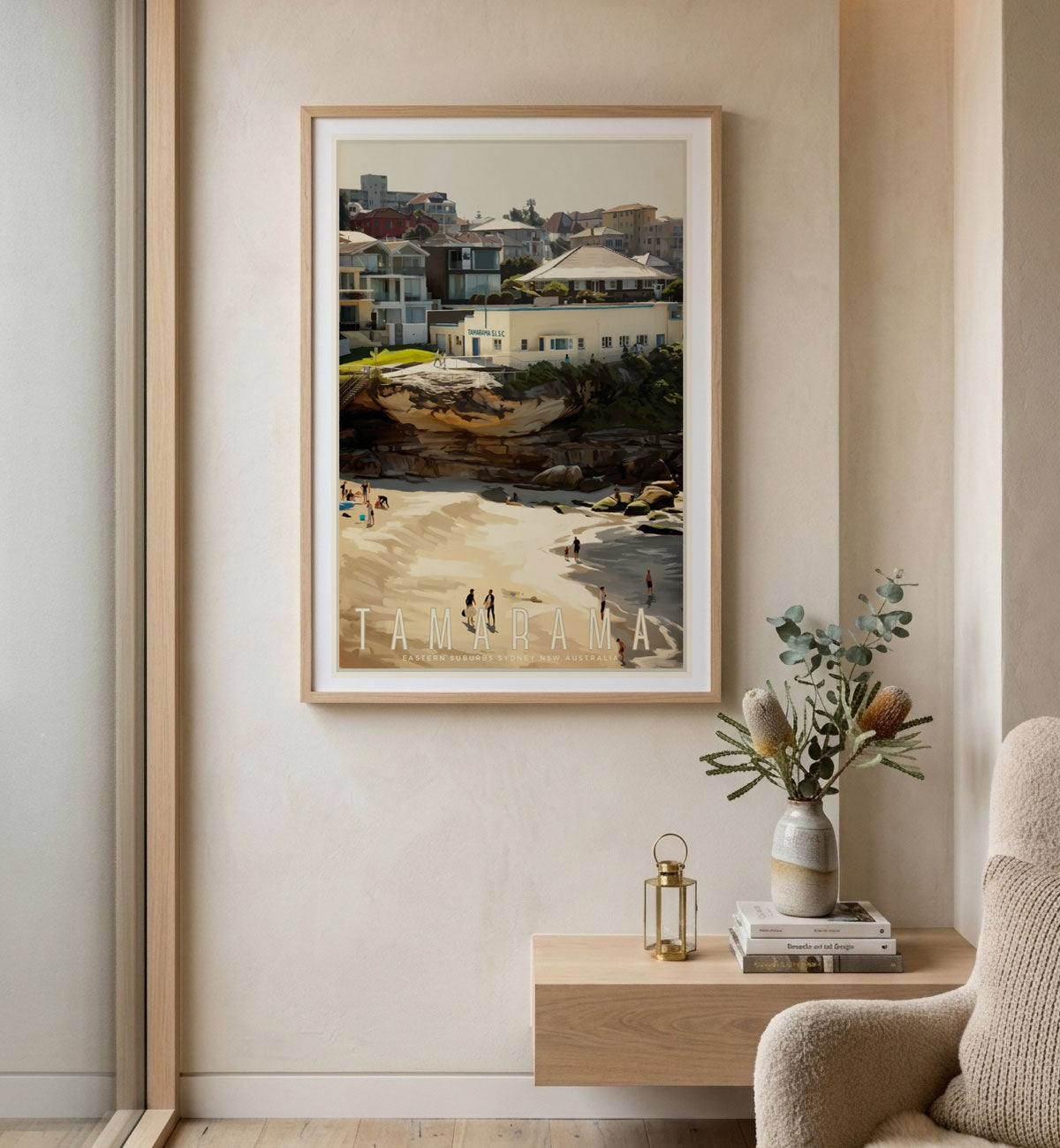Tamarama Beach Sydney vintage retro poster print in oak frame in living room from Places We Luv