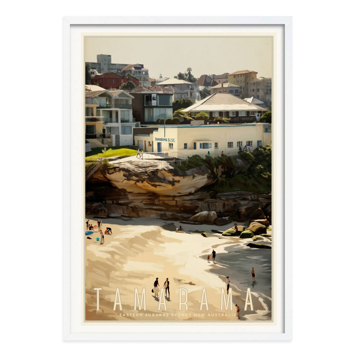 Tamarama Beach Sydney vintage retro poster print in white frame from Places We Luv