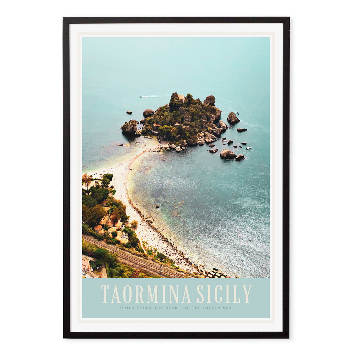 Taormina Sicily vintage retro travel style poster print in black frame by places we luv