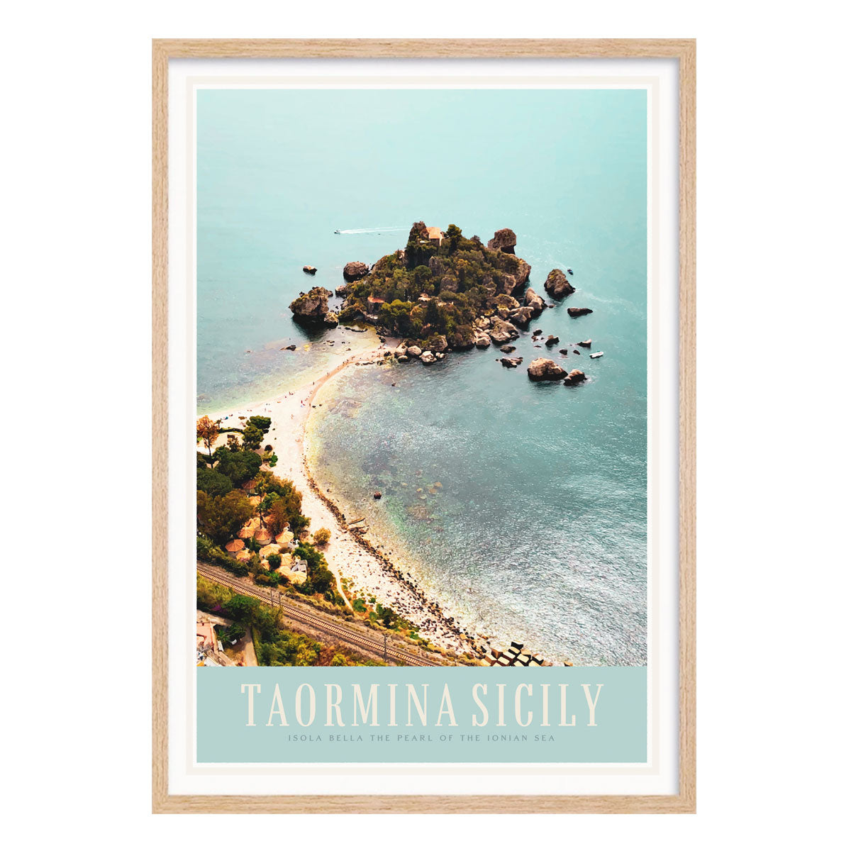 Taormina Sicily vintage retro travel style poster print in oak frame by places we luv