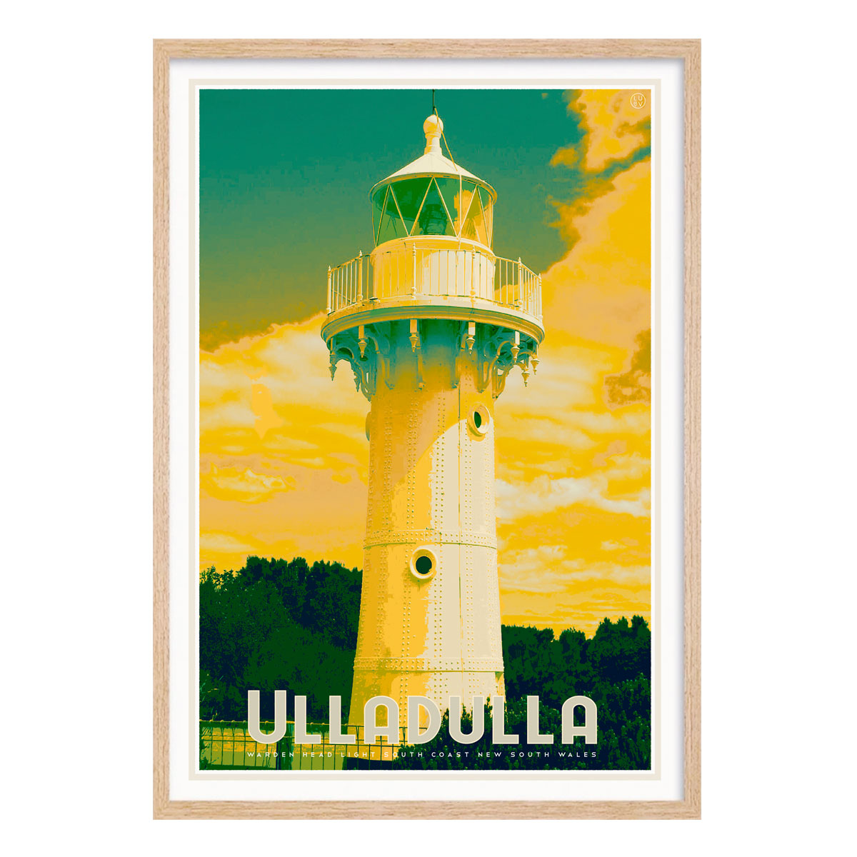 Ulladulla lighthouse vintage retro print in oak frame from places we luv 