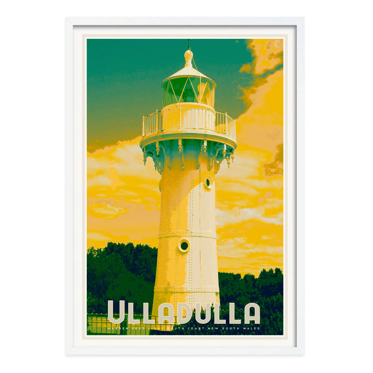 Ulladulla lighthouse vintage retro poster print in white frame from places we luv 