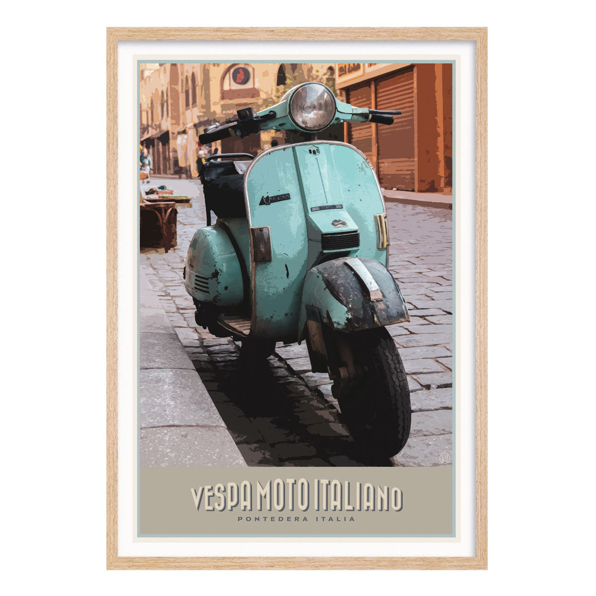 Vespa italy vintage retro poster print in oak frame by Places We Luv