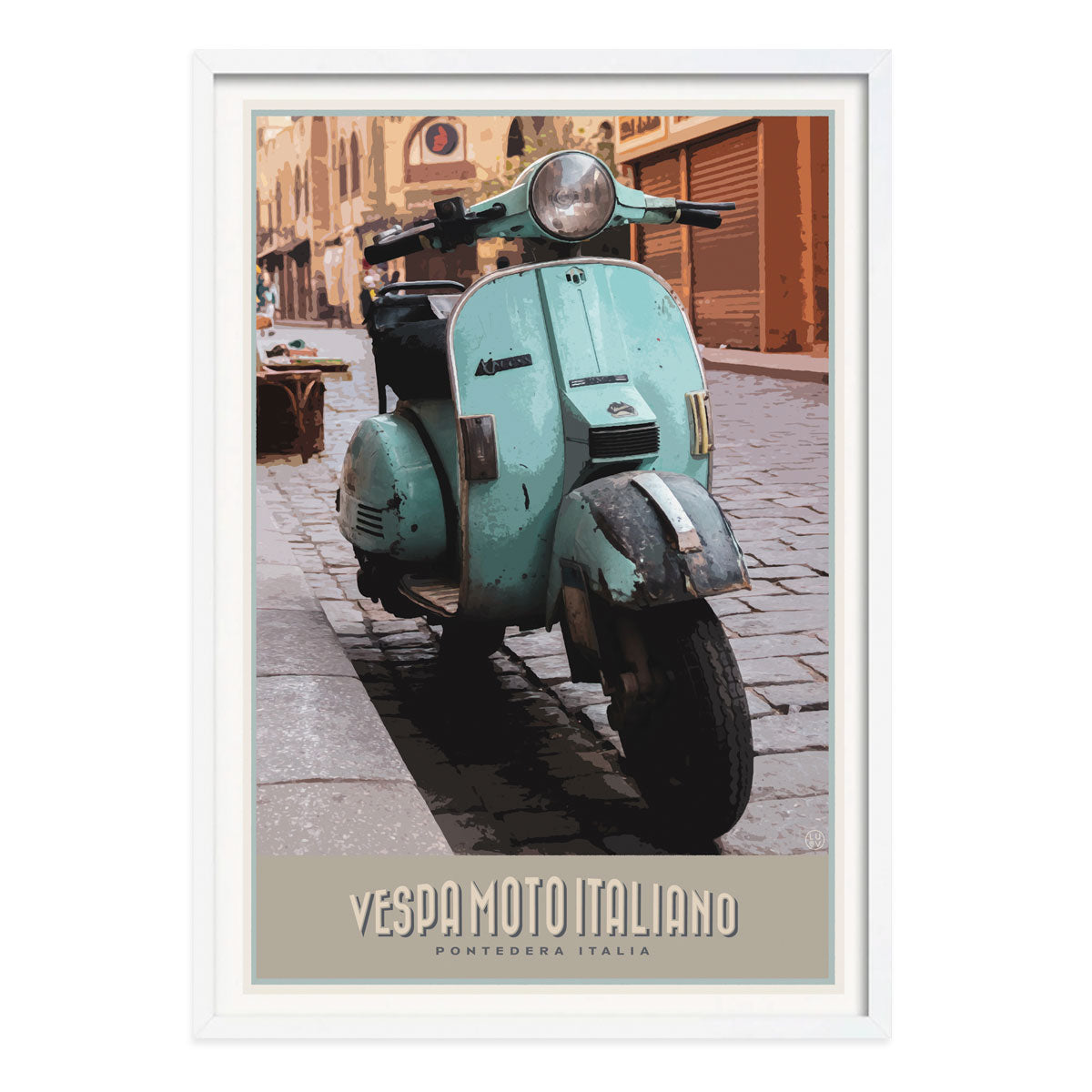 Vespa italy vintage retro poster print in white frame by Places We Luv