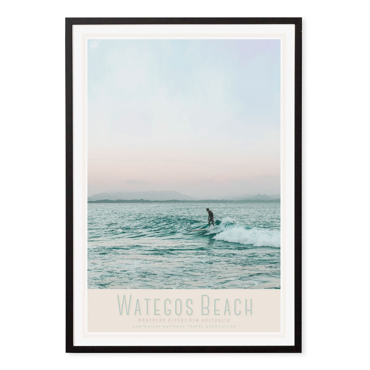 Wategos surfer retro vintage print in black frame from Places We Luv