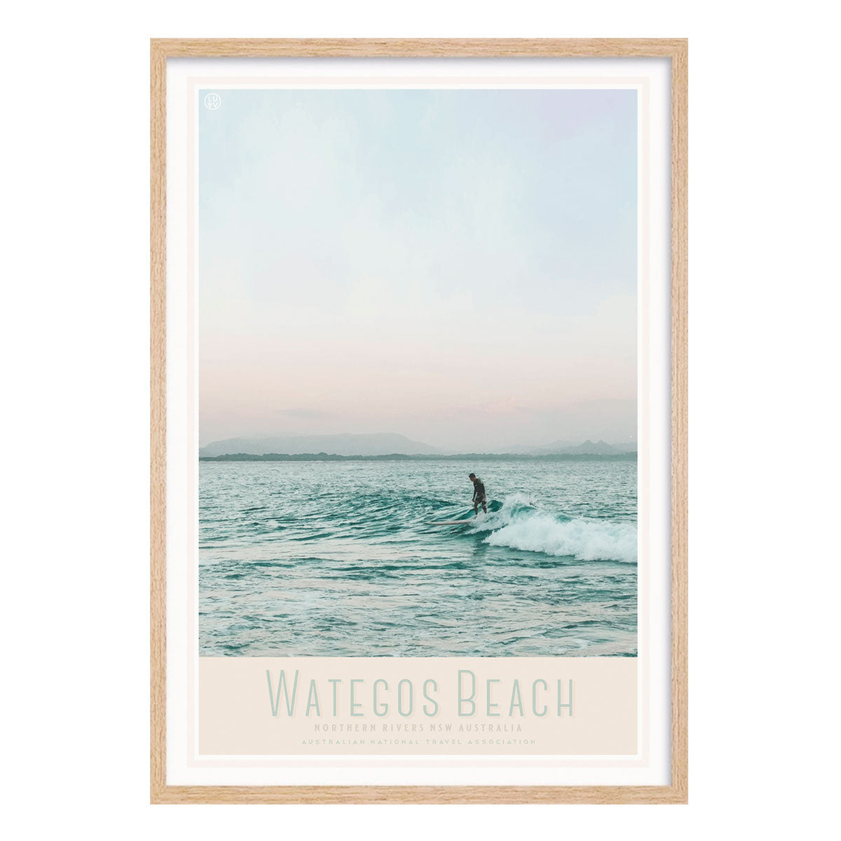 Wategos surfer retro vintage print in oak frame from Places We Luv