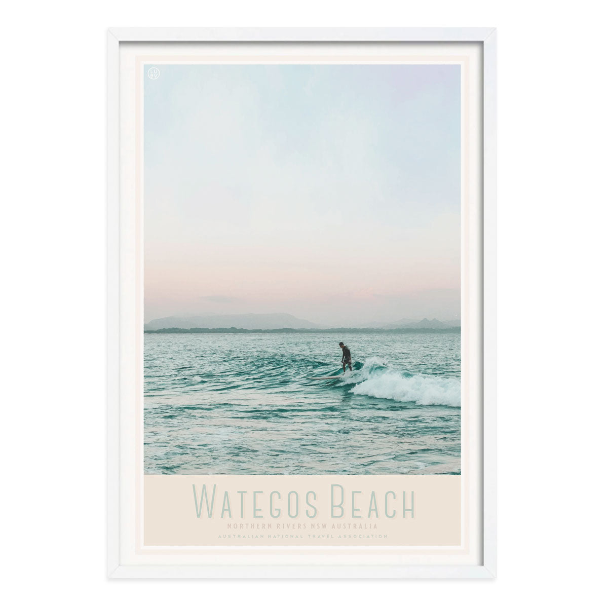 Wategos surfer retro vintage print in white frame from Places We Luv
