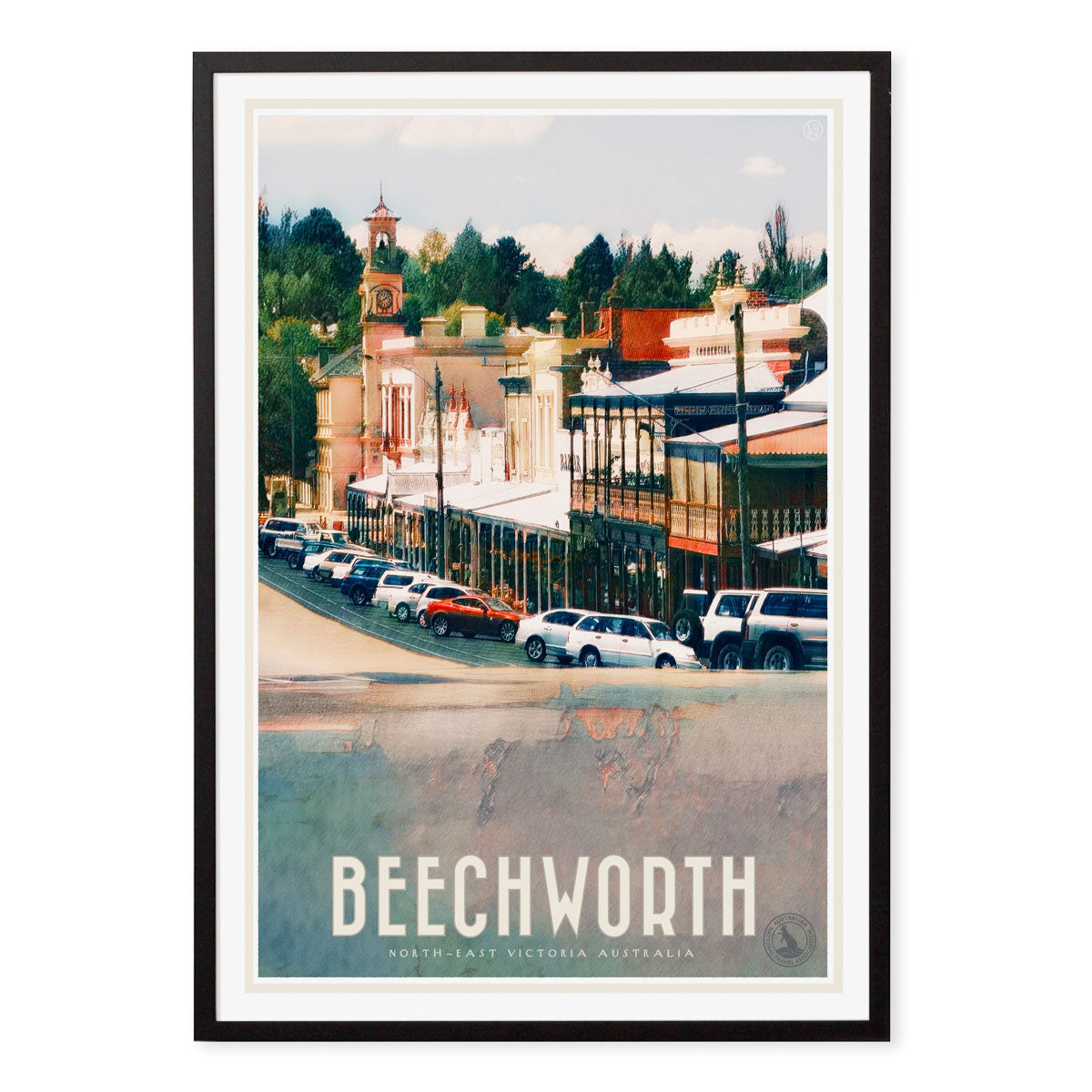 Beechworth VIC Australia retro vintage style black framed poster, from Places We Luv