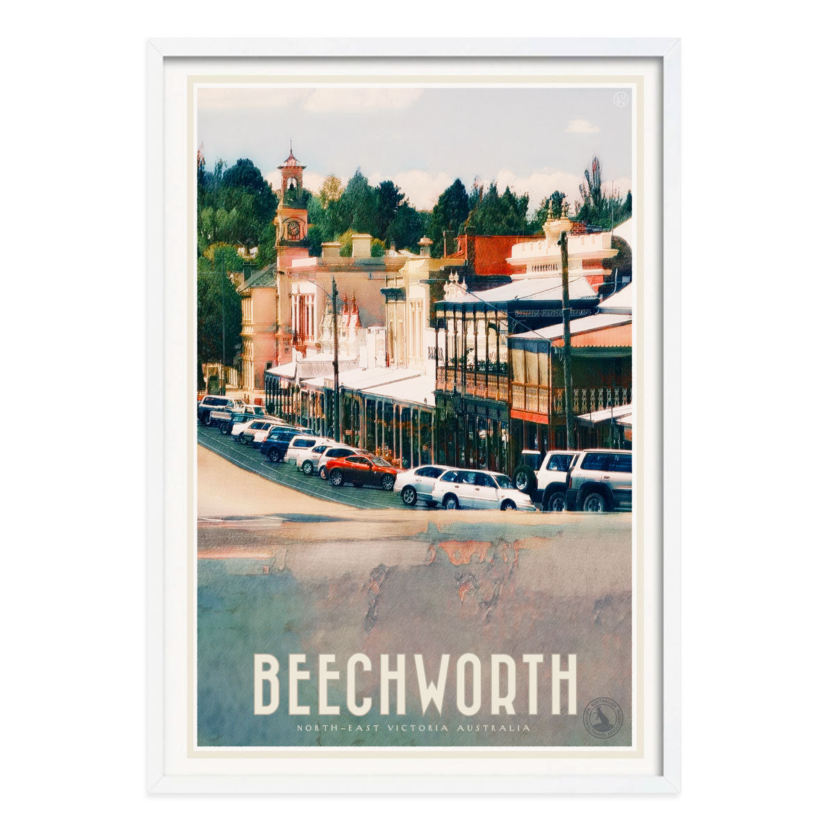 White framed poster of Beechworth VIC Australia retro vintage style , from Places We Luv