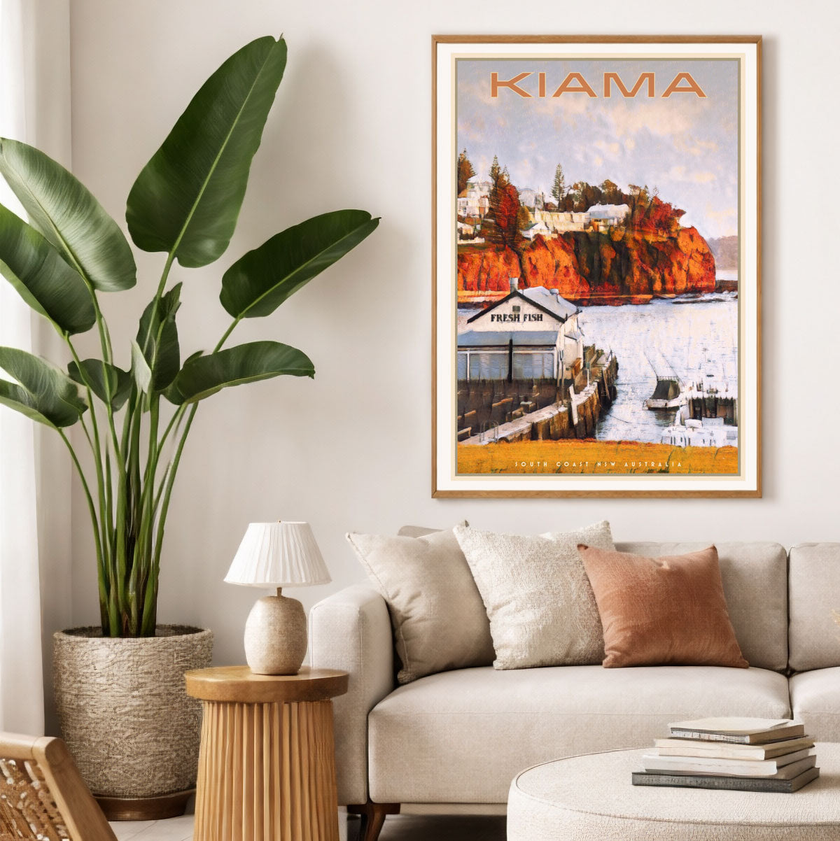 Kiama Harbour South Coast NSW retro vintage poster in lounge setting by Places We Luv
