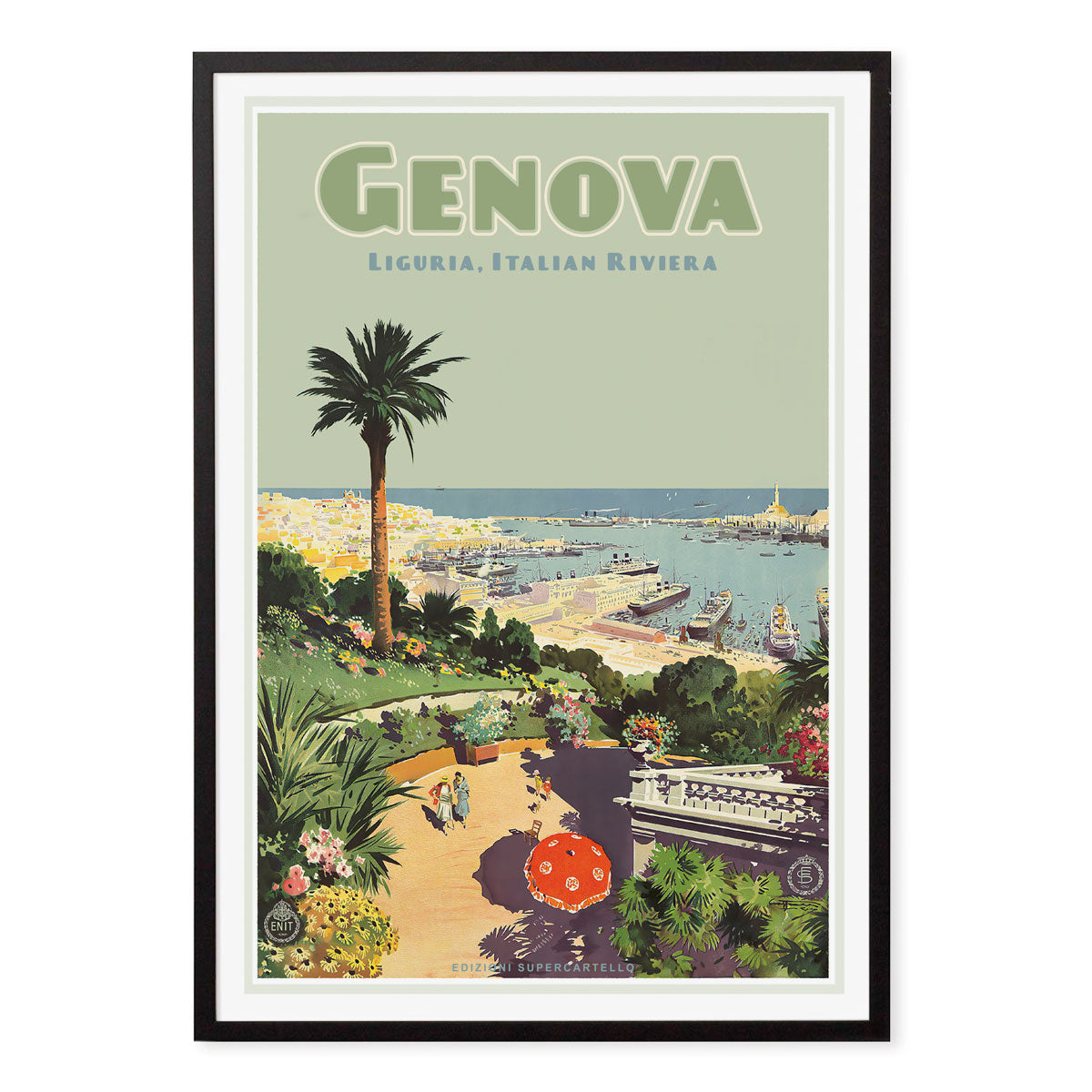 Genova Italy retro travel poster in black frame from Places We Luv