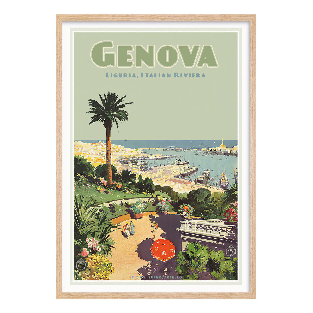 Genova Italy retro travel poster in oak frame from Places We Luv