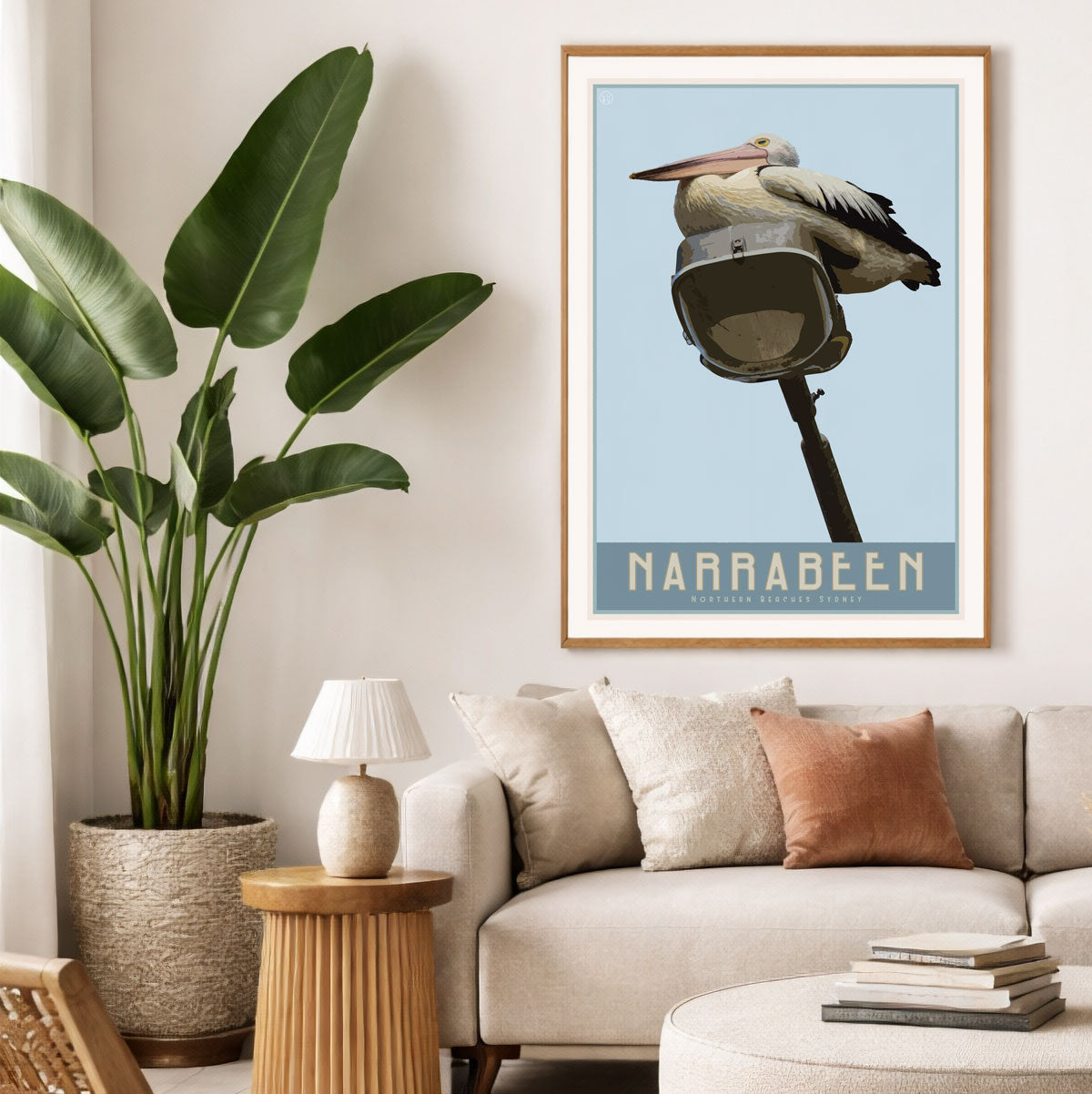 Narrabeen Lake Pelican vintage retro poster print in lounge room from Places We Luv