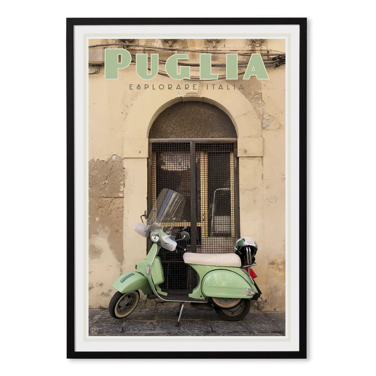 Puglia Italy retro vintage travel style poster print in black frame from Places We Luv 