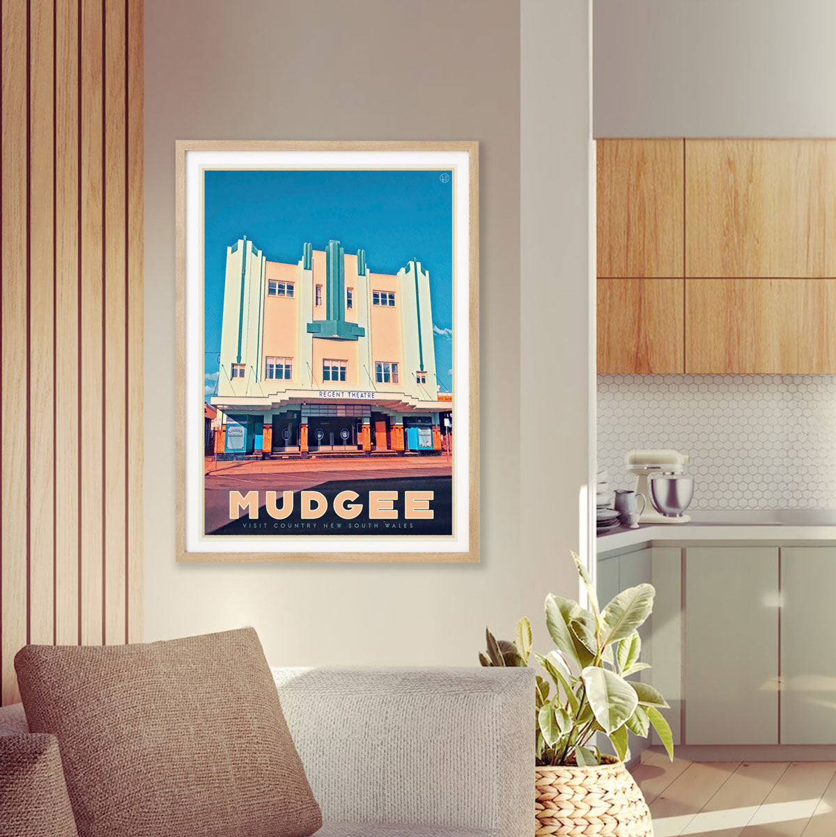 Mudgee vintage travel framed poster in lounge room by Places We Luv prints
