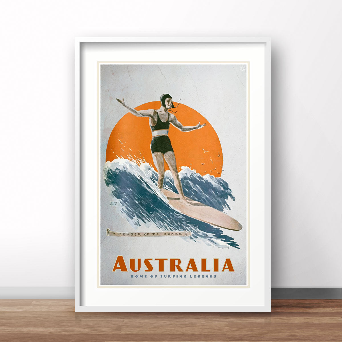 Australia retro surfer on longboard poster print from Places We Luv